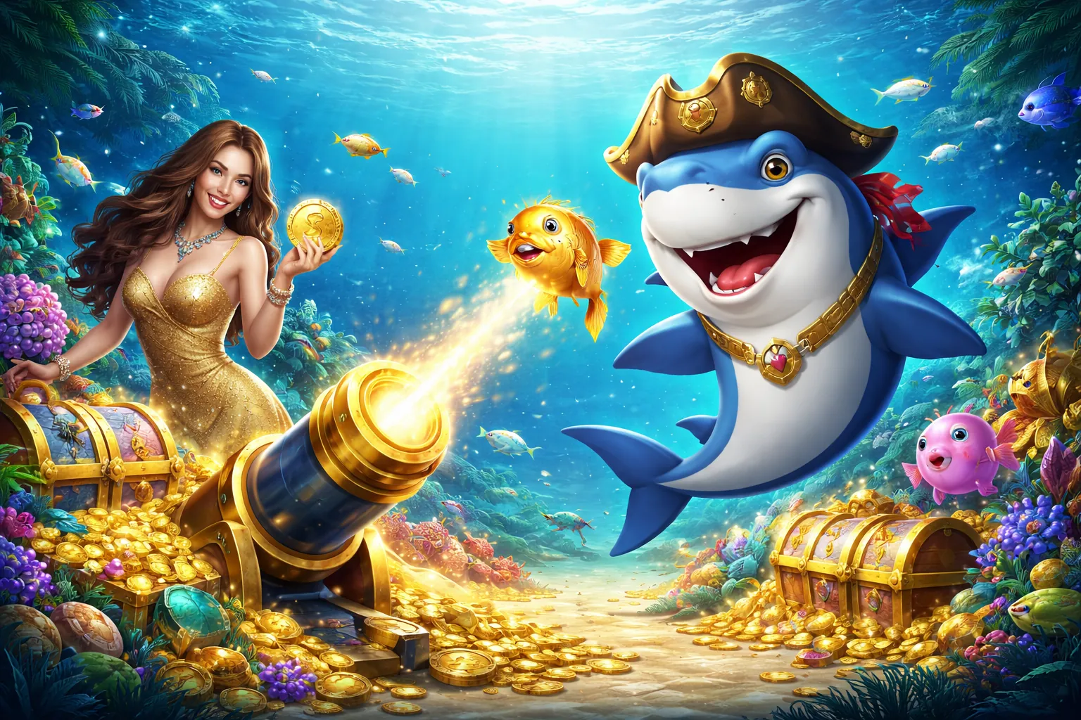 Hình ảnh đại dương rực rỡ với các loài cá và người chơi đang bắn cá đạt điểm cao tại Huebet